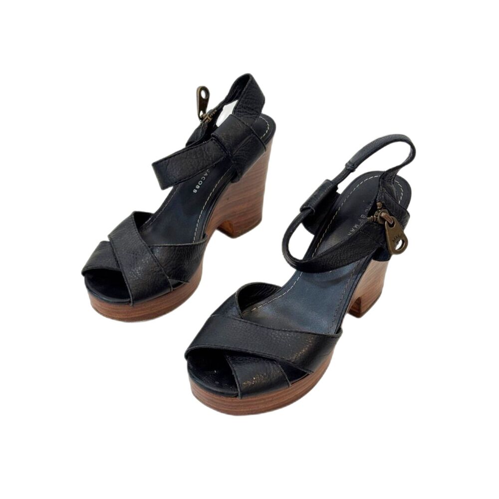 Marc by Marc Jacobs Black Platform Wood Heels Ankle Straps Open Toe Sandal 38